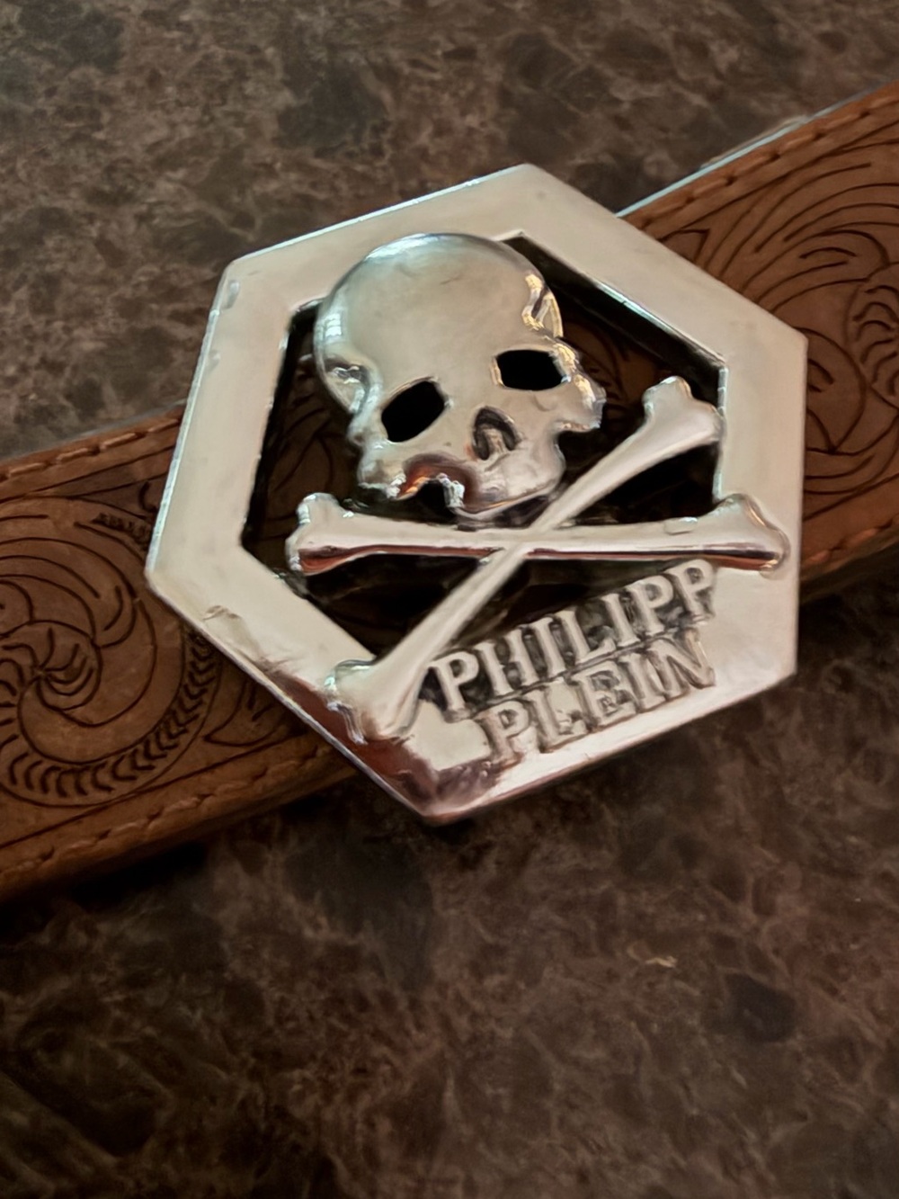 Philipp Plein Silver Skull & Crossbones Octagonal Buckle